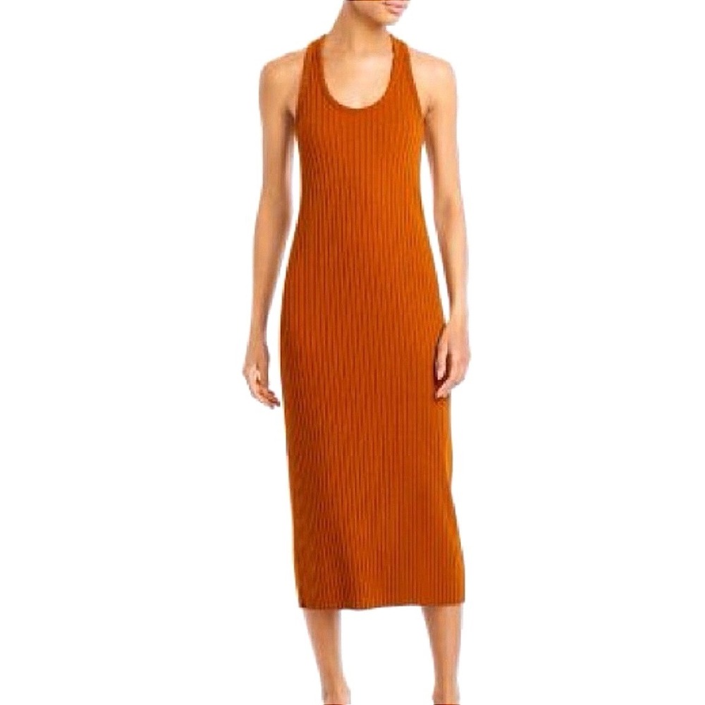 Vince Ribbed Racerback Midi Dress Rust Brown Sleeveless Knit V744683732 L